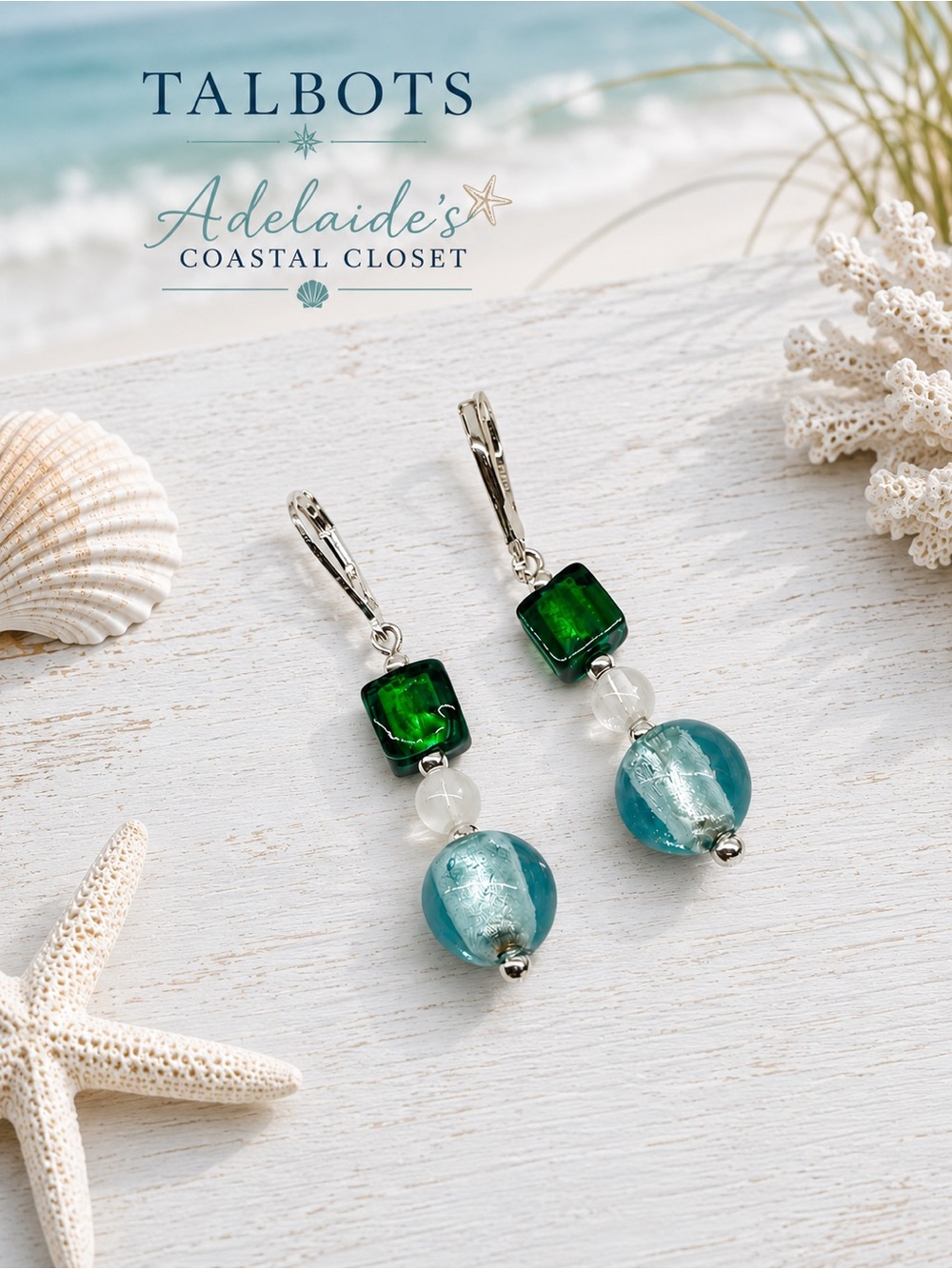 Talbots Bold Beauty Green Aqua Glass Bead Dangle Earrings Silver